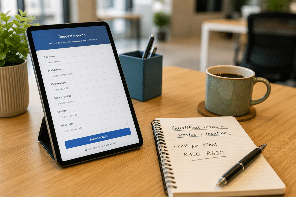 Google ads for professional services south africa — device on a desk showing a qualified lead-form enquiry, notebook with service-intent targeting and cost-per-client note, professional office setting