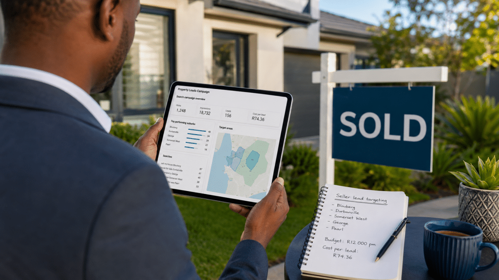 Google ads for real estate south africa — estate agent at a property with a sold board and tablet showing a suburb search campaign, notebook with seller-lead targeting and Rand cost-per-lead note