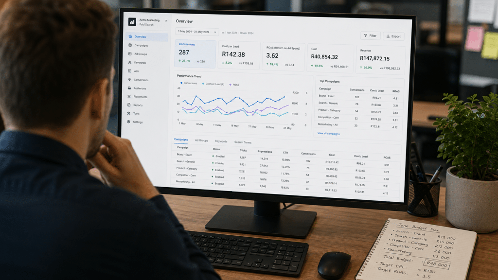 Google Ads reporting South Africa shown over the shoulder of a marketer reviewing a campaign KPI dashboard with conversions, CPA and ROAS columns