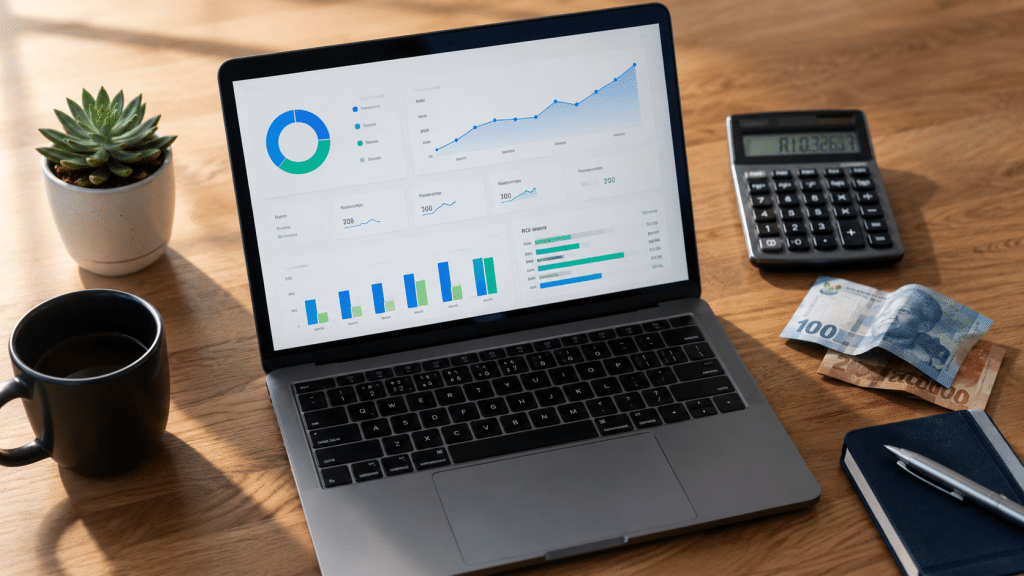 Google ads roi south africa — laptop showing Google Ads conversion value dashboard on wooden desk with calculator and Rand notes