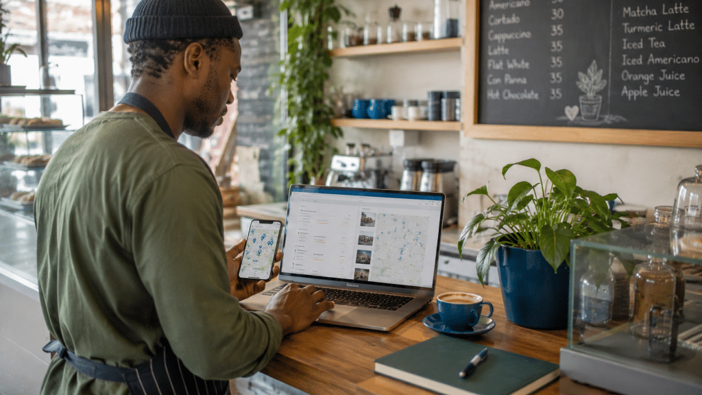 google business profile south africa — local business owner managing their listing in a shopfront