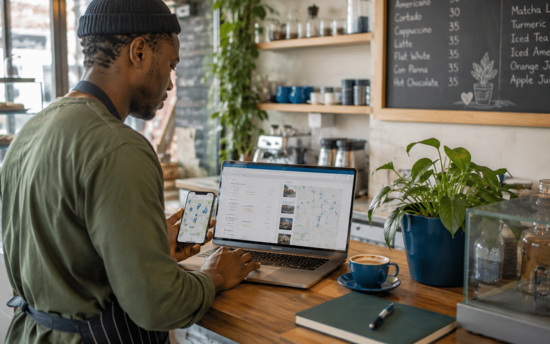google business profile south africa — local business owner managing their listing in a shopfront