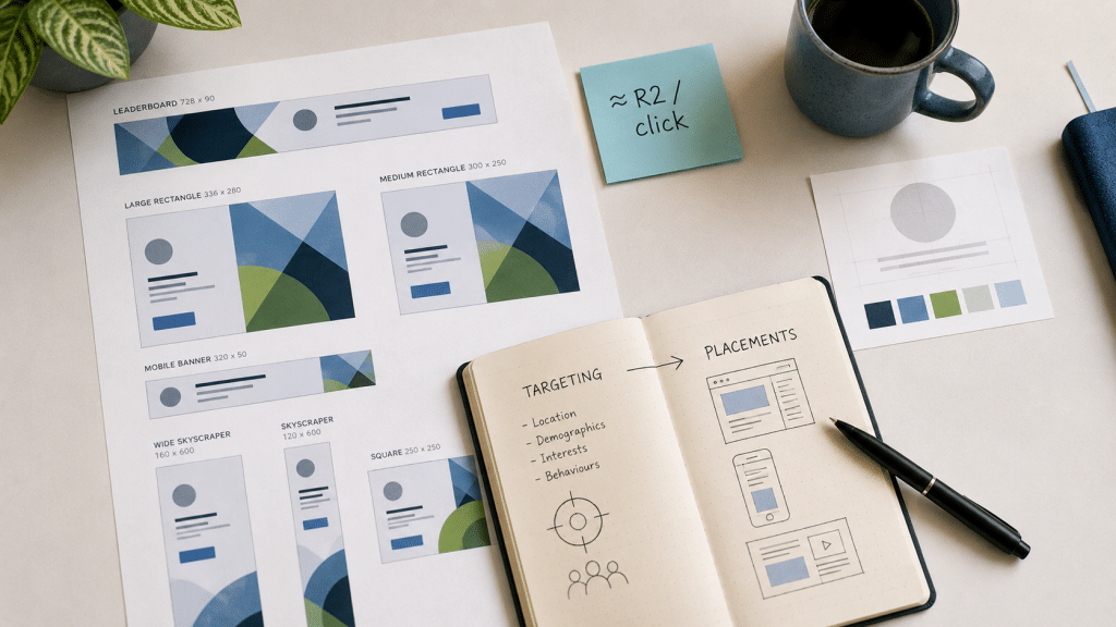 Google display ads south africa — flat-lay of banner ad creative mockups in multiple sizes, brand asset swatches, a notebook with a Display Network targeting sketch, Rand cost-per-click note