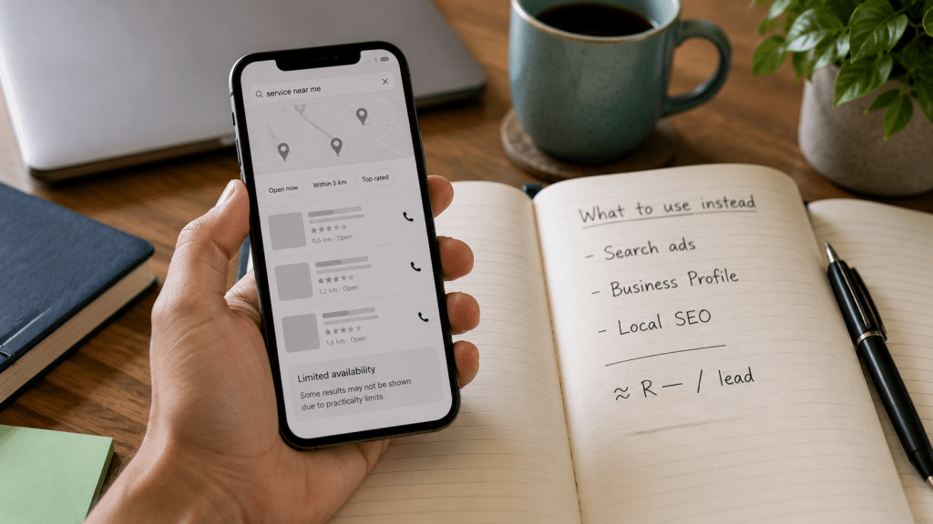 Google local services ads south africa — smartphone showing a local service search with an availability notice, notebook listing SA alternatives (search ads, Google Business Profile, local SEO), Rand cost-per-lead note