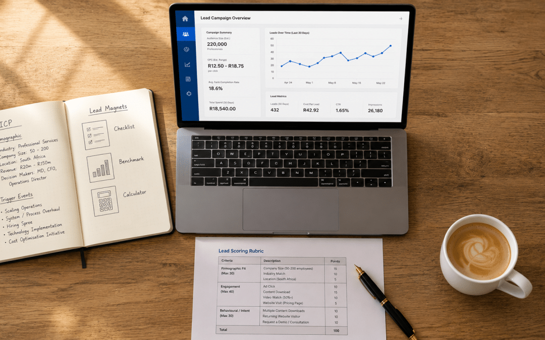 How to generate B2B leads online — overhead flat-lay workspace with laptop showing LinkedIn lead campaign dashboard, handwritten ICP and lead magnet notes, fountain pen and a flat-white coffee on a wooden desk