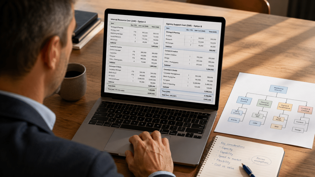 In-house vs agency seo south africa — over-the-shoulder shot of a marketing leader reviewing two side-by-side cost projections on a laptop, printed org chart on desk showing internal team structure, blue ballpoint pen, warm natural light from window-left