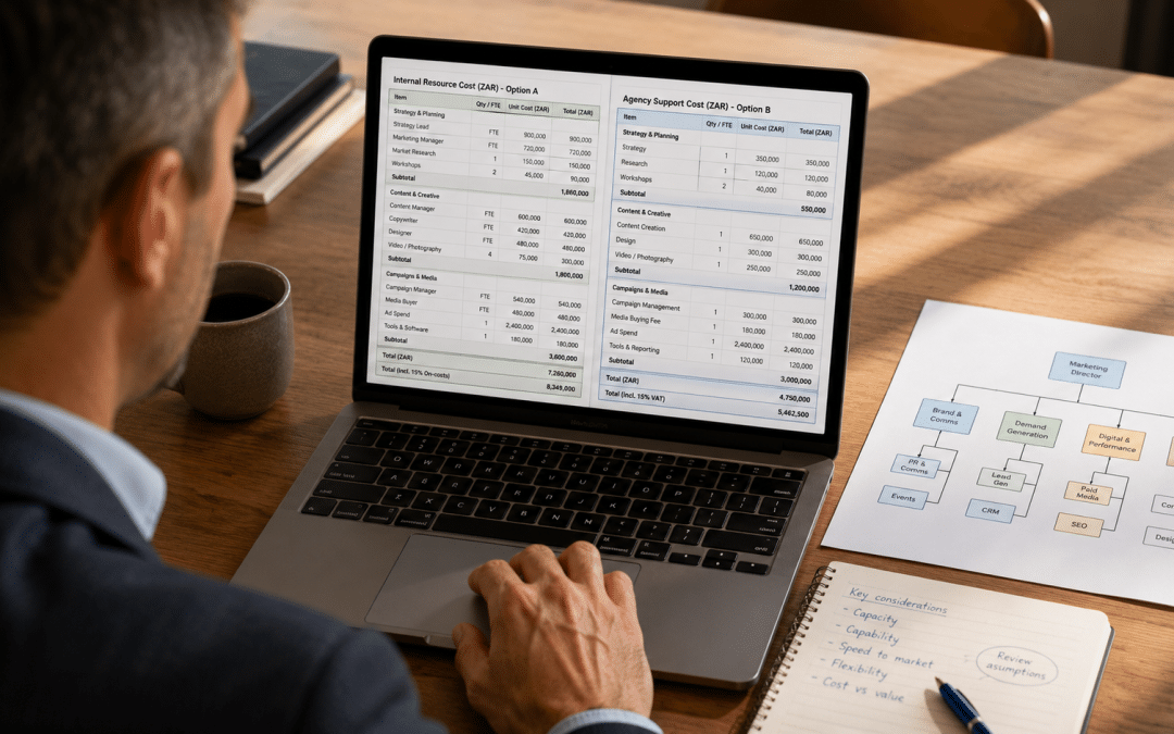 In-house vs agency seo south africa — over-the-shoulder shot of a marketing leader reviewing two side-by-side cost projections on a laptop, printed org chart on desk showing internal team structure, blue ballpoint pen, warm natural light from window-left