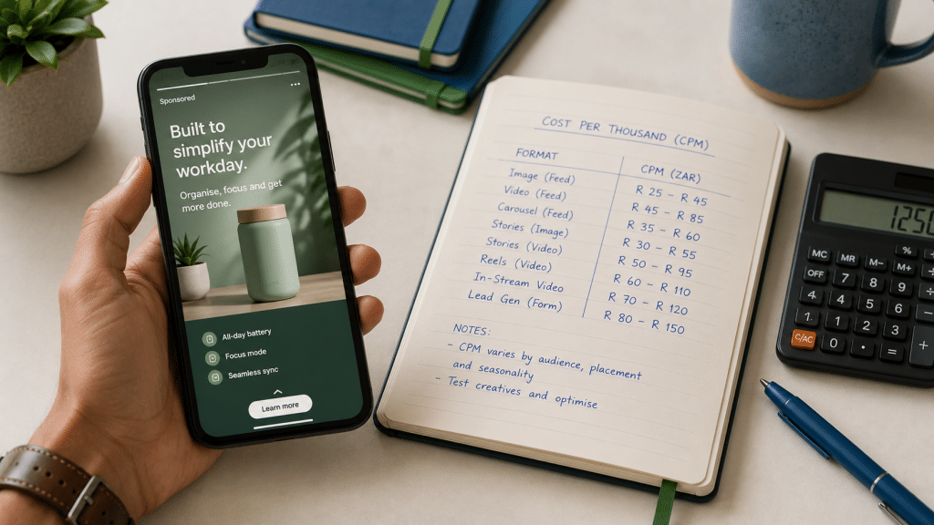 Instagram ads cost south africa — smartphone held showing a vertical full-screen advert in a social feed, beside a notebook listing Rand cost-per-thousand rates by format, clean desk with blue and green accents