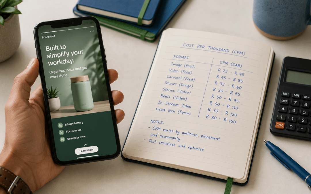 Instagram ads cost south africa — smartphone held showing a vertical full-screen advert in a social feed, beside a notebook listing Rand cost-per-thousand rates by format, clean desk with blue and green accents