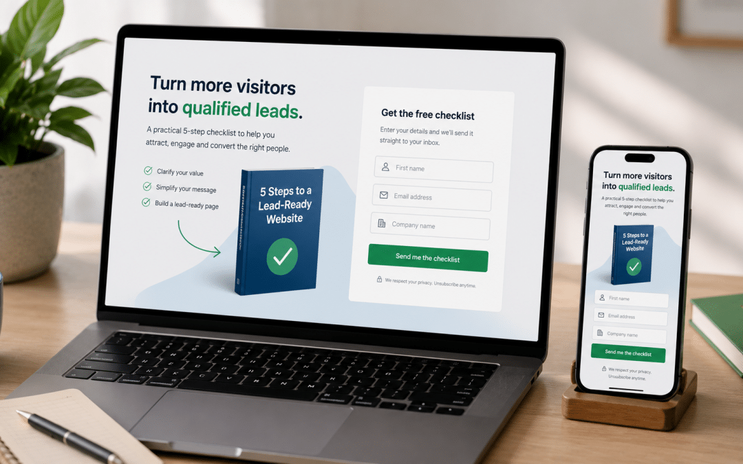 Landing page lead gen South Africa shown as a laptop displaying a single-offer landing page with a short lead-capture form