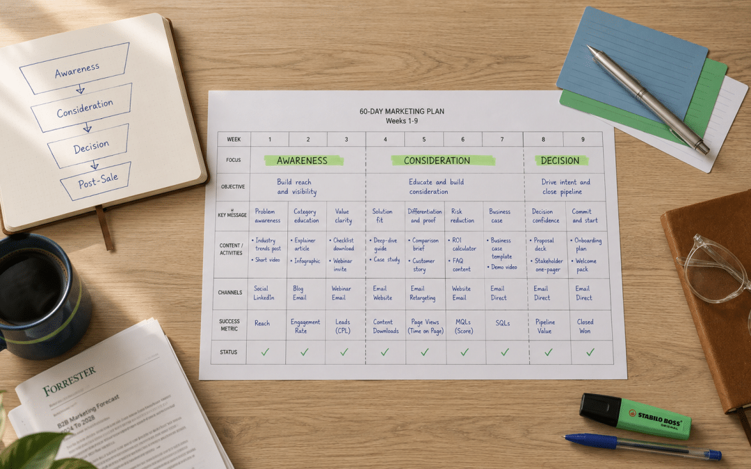 Lead nurturing strategy South Africa — flat-lay desk with printed 60-day nurture sequence calendar, marketing automation planning notebook, blue and green accent items, warm natural daylight