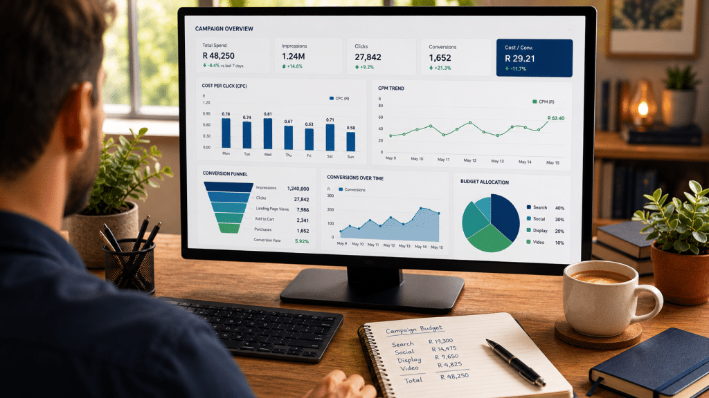 LinkedIn ads cost South Africa — over-the-shoulder view of a marketer reviewing a campaign manager dashboard showing cost-per-click, CPM, and budget metrics with notebook and coffee on a desk