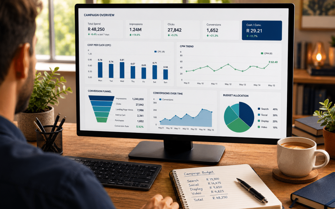 LinkedIn ads cost South Africa — over-the-shoulder view of a marketer reviewing a campaign manager dashboard showing cost-per-click, CPM, and budget metrics with notebook and coffee on a desk
