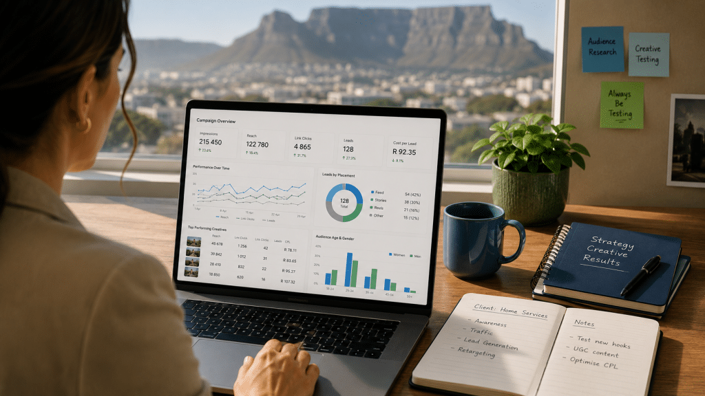 Meta ads agency Cape Town strategist reviewing a client's Facebook and Instagram campaign results on a laptop in a Cape Town office with Table Mountain visible through the window