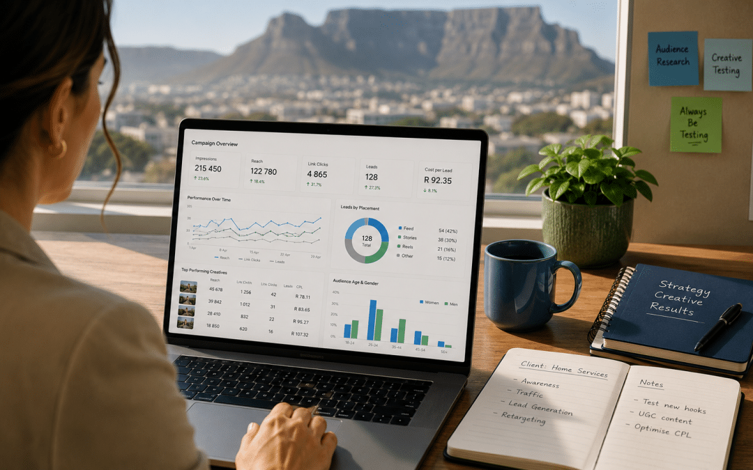 Meta ads agency Cape Town strategist reviewing a client's Facebook and Instagram campaign results on a laptop in a Cape Town office with Table Mountain visible through the window
