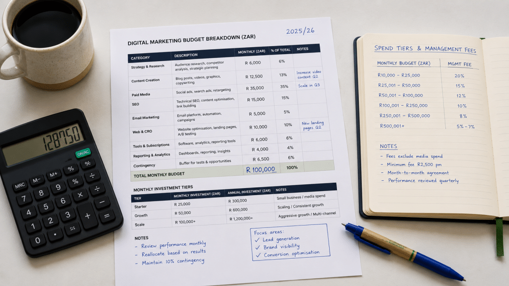Meta ads cost south africa — flat-lay of a budget breakdown sheet with Rand figures, a calculator, a notebook listing monthly spend tiers and management fees, blue and green accent pen, clean desk