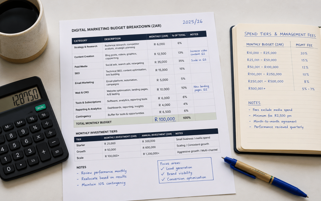 Meta ads cost south africa — flat-lay of a budget breakdown sheet with Rand figures, a calculator, a notebook listing monthly spend tiers and management fees, blue and green accent pen, clean desk