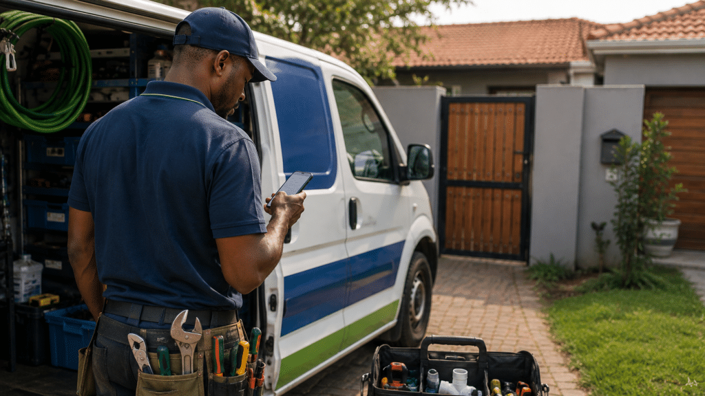 Meta ads for local services shown as a South African home-services tradesperson checking a phone for a new job enquiry beside a sign-written work van