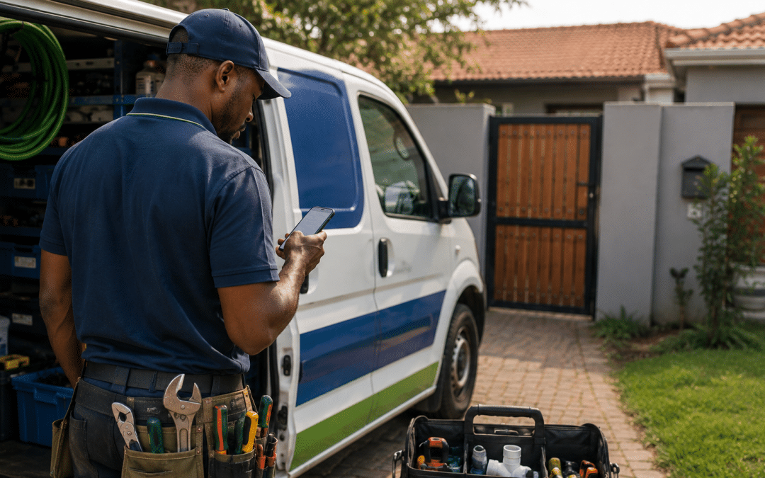 Meta ads for local services shown as a South African home-services tradesperson checking a phone for a new job enquiry beside a sign-written work van