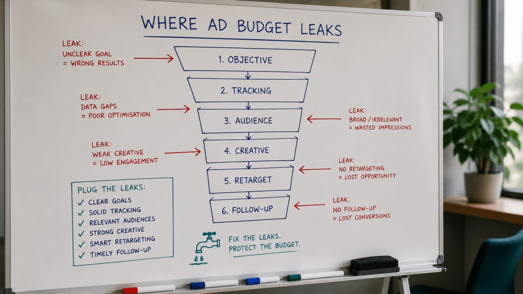 Meta ads mistakes South Africa mapped on a whiteboard showing where Facebook and Instagram ad budget leaks across objective, tracking, targeting and follow-up