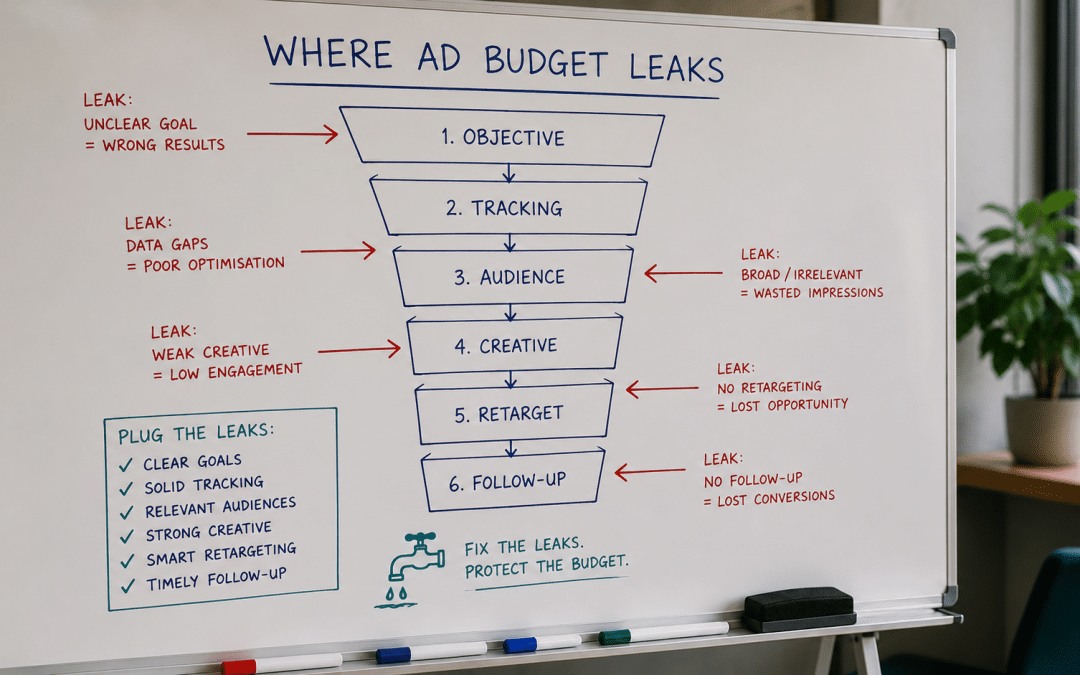 Meta ads mistakes South Africa mapped on a whiteboard showing where Facebook and Instagram ad budget leaks across objective, tracking, targeting and follow-up
