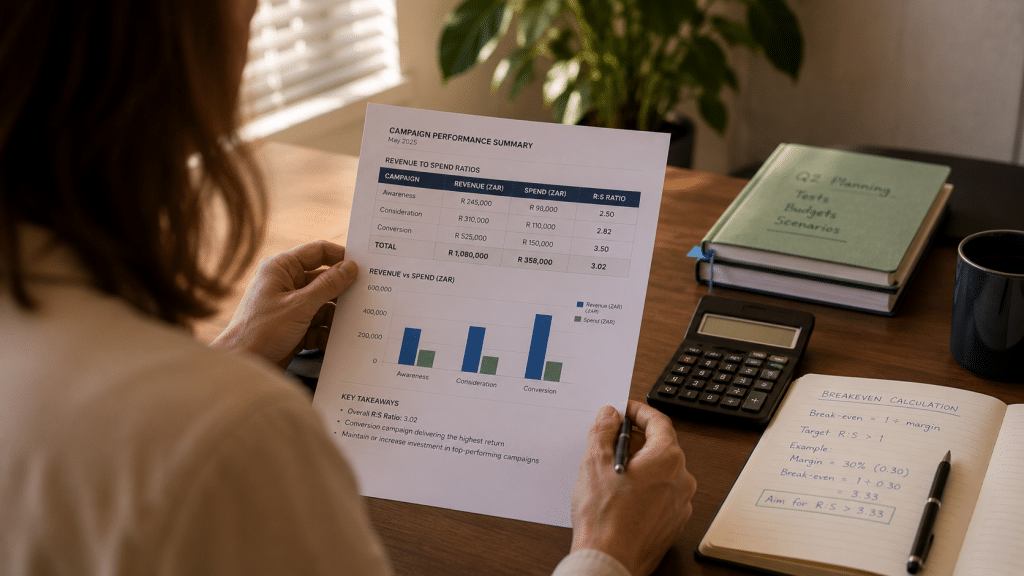 Meta ads roas south africa — analyst at a workspace reviewing a return-on-ad-spend results report with revenue-to-spend ratios in Rand, calculator and notebook with break-even ROAS working, warm office light