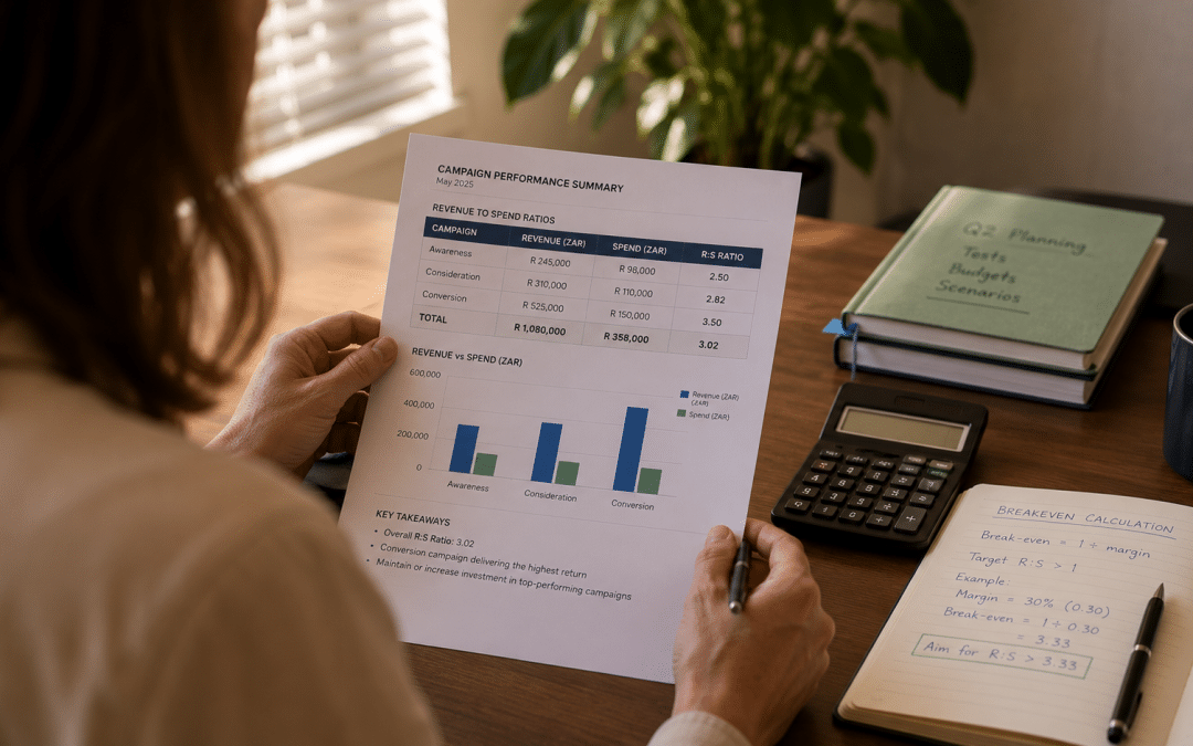 Meta ads roas south africa — analyst at a workspace reviewing a return-on-ad-spend results report with revenue-to-spend ratios in Rand, calculator and notebook with break-even ROAS working, warm office light