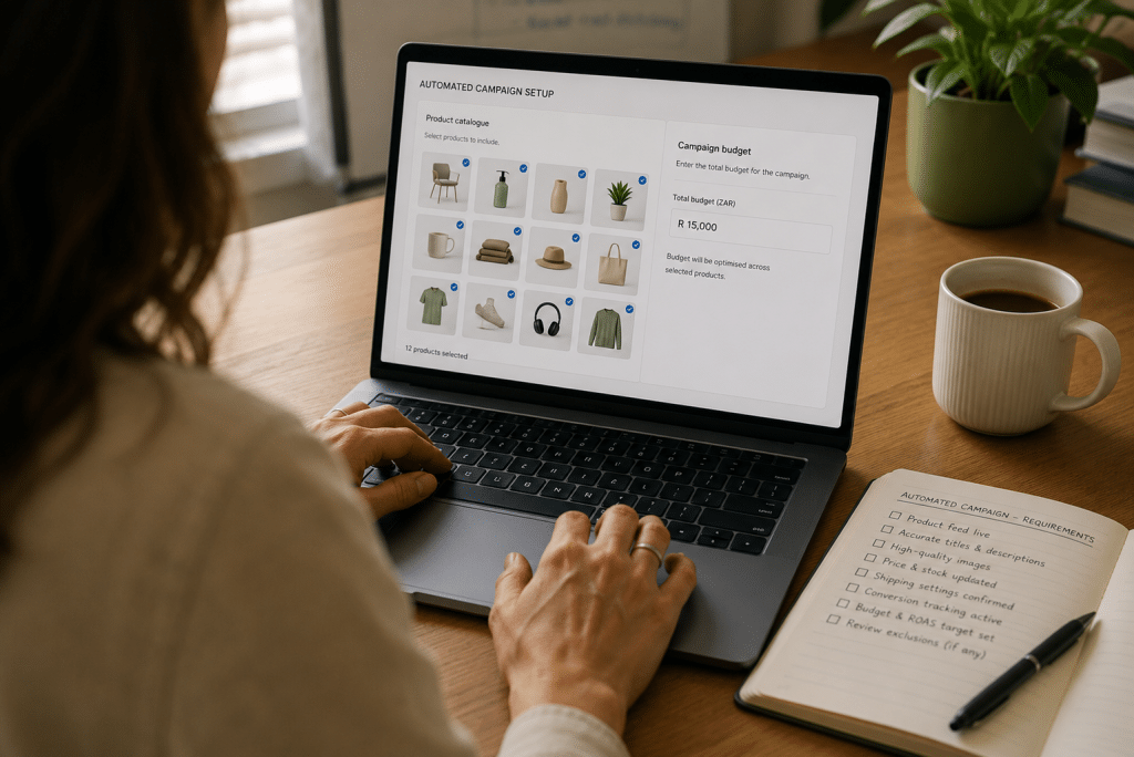 Meta advantage shopping south africa — over-the-shoulder view of an ecommerce marketer setting up an automated sales campaign on a laptop, product catalogue thumbnails and a single campaign budget field visible, notebook with ASC requirements checklist