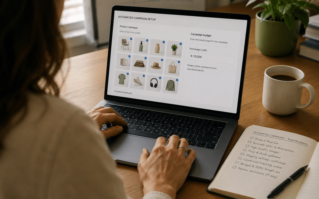 Meta advantage shopping south africa — over-the-shoulder view of an ecommerce marketer setting up an automated sales campaign on a laptop, product catalogue thumbnails and a single campaign budget field visible, notebook with ASC requirements checklist
