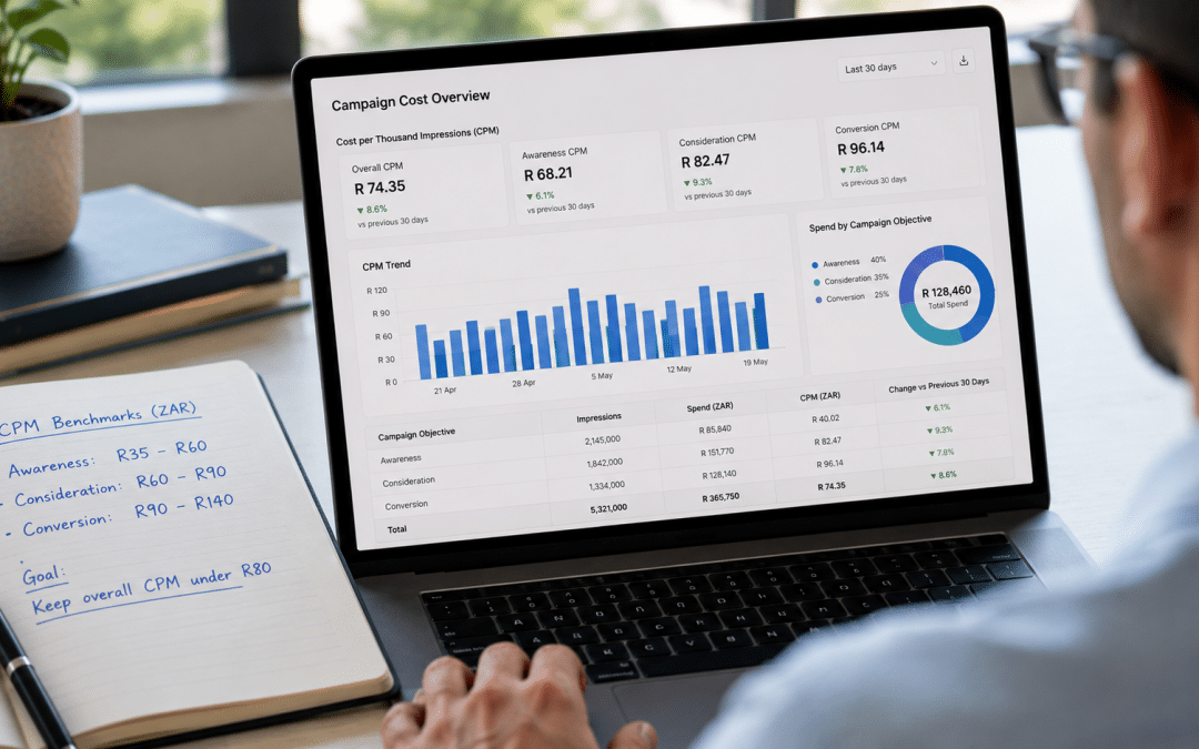Meta facebook cpm south africa — over-the-shoulder view of a marketer at a laptop reviewing a campaign cost dashboard showing cost-per-thousand-impression figures in Rand, notebook with benchmark figures beside the keyboard