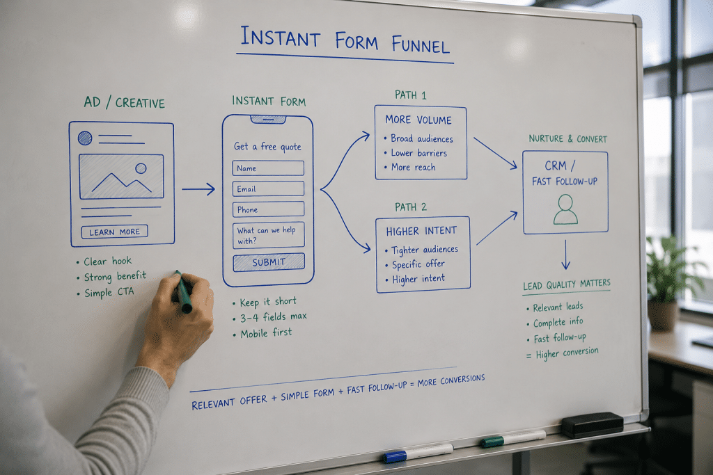 Meta lead ads south africa — whiteboard sketch of an instant lead-form funnel, More Volume vs Higher Intent branches, CRM follow-up arrow, marker and notes on the lead-quality trade-off