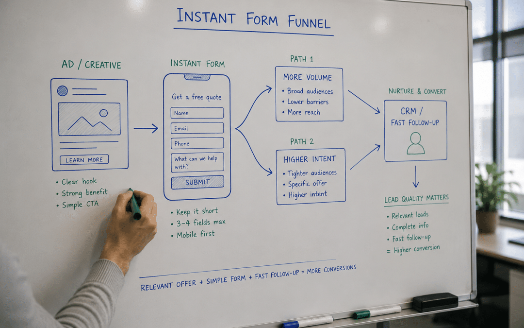 Meta lead ads south africa — whiteboard sketch of an instant lead-form funnel, More Volume vs Higher Intent branches, CRM follow-up arrow, marker and notes on the lead-quality trade-off