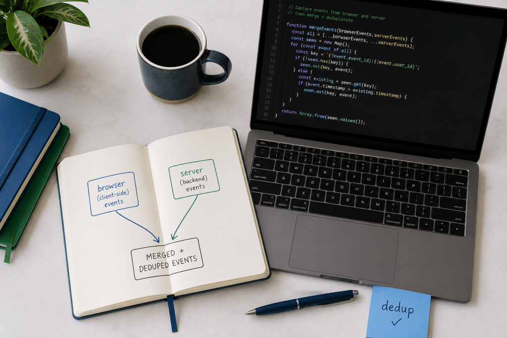 Pixel conversions api south africa — flat-lay of a tracking-setup desk, notebook diagram showing browser pixel and server-side CAPI feeding into one events manager, laptop with code snippet, dual-tracking and deduplication notes