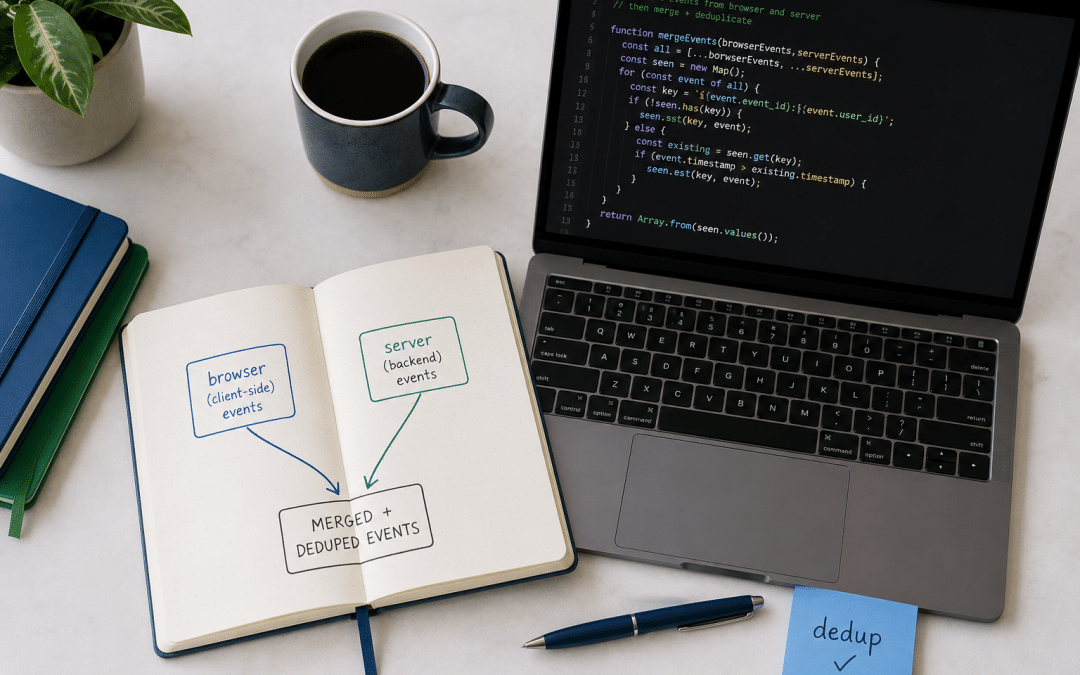 Pixel conversions api south africa — flat-lay of a tracking-setup desk, notebook diagram showing browser pixel and server-side CAPI feeding into one events manager, laptop with code snippet, dual-tracking and deduplication notes