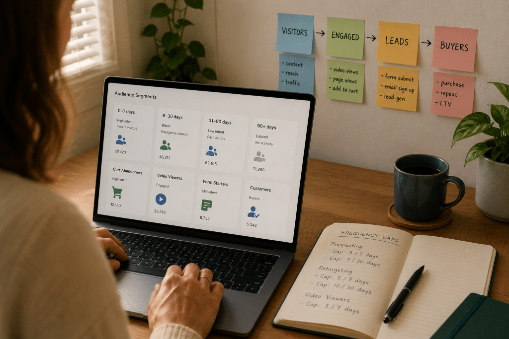 Meta retargeting south africa — analyst at a workspace reviewing warm-audience segments by recency on a screen, sticky notes mapping a funnel from website visitors to buyers, notebook with frequency-cap notes