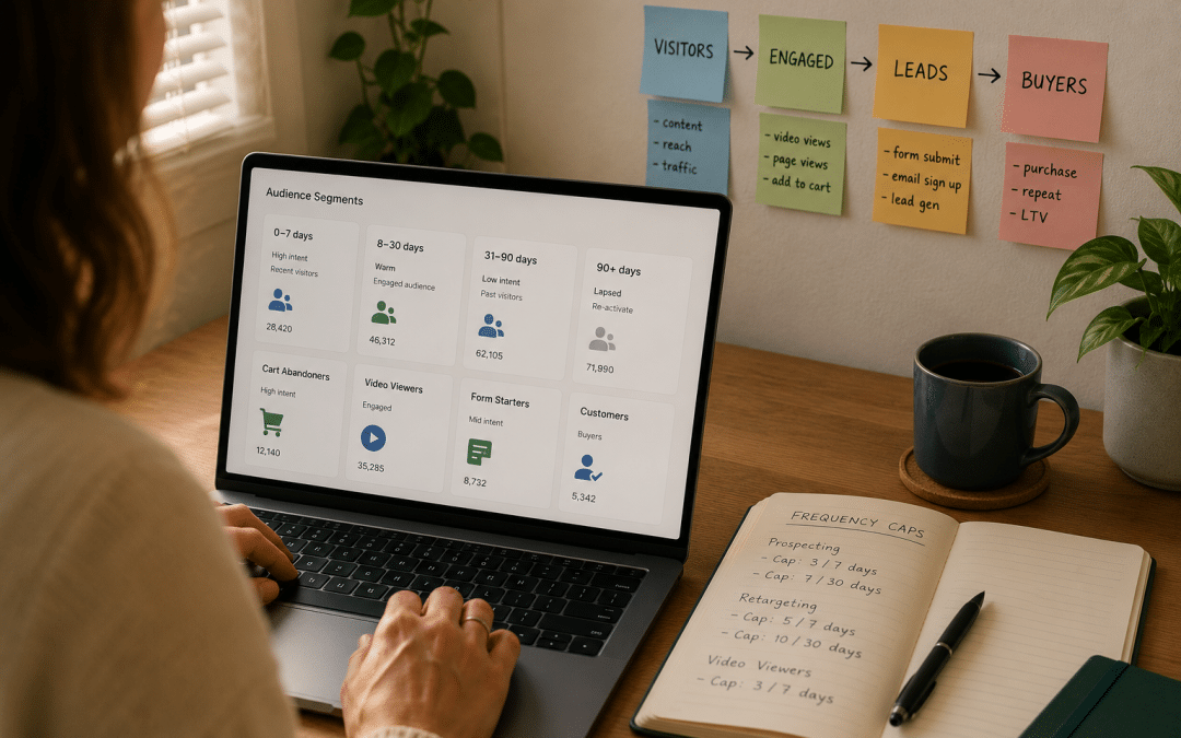 Meta retargeting south africa — analyst at a workspace reviewing warm-audience segments by recency on a screen, sticky notes mapping a funnel from website visitors to buyers, notebook with frequency-cap notes