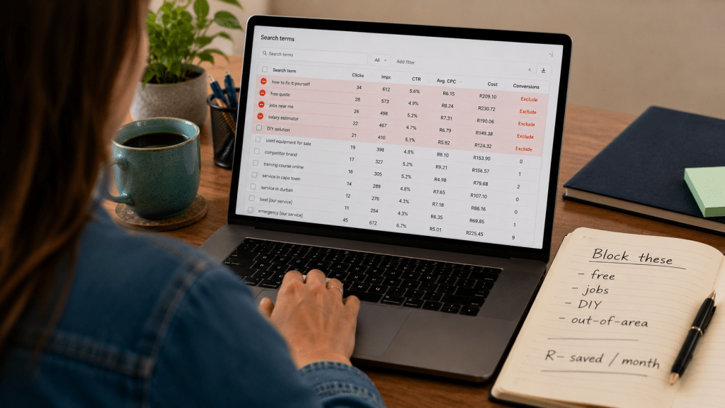 Negative keywords south africa — over-the-shoulder view of a search terms report with irrelevant queries highlighted for exclusion, a notebook listing wasted-spend terms (free, jobs, DIY), Rand saving note