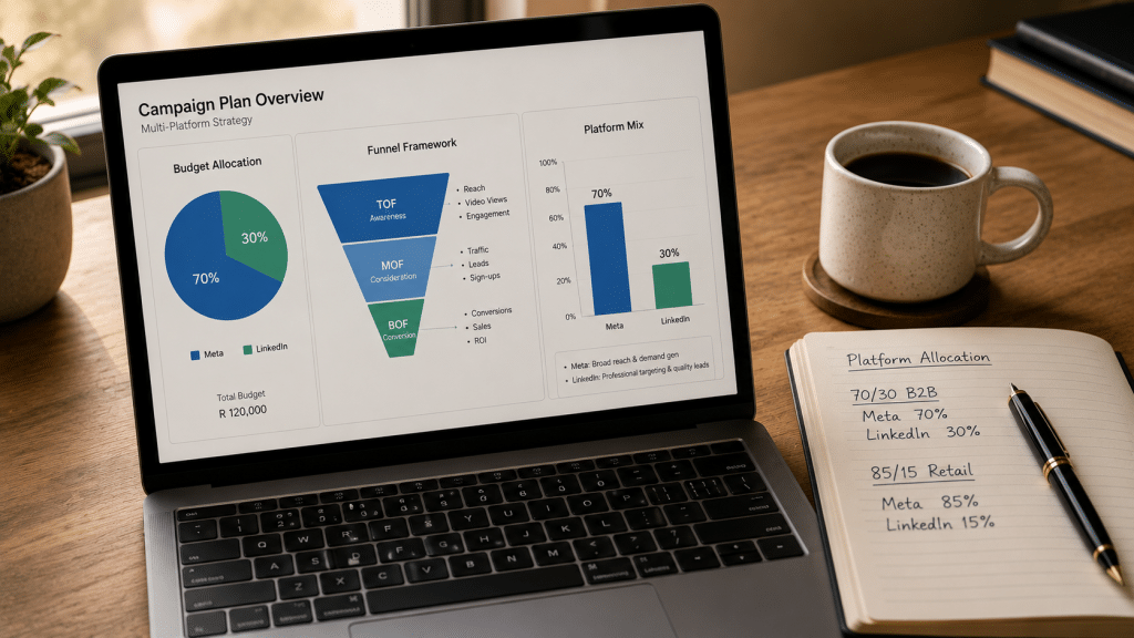 Paid social strategy South Africa — laptop showing multi-platform campaign planning dashboard with platform allocation chart, audience funnel framework, and budget split between Meta and LinkedIn