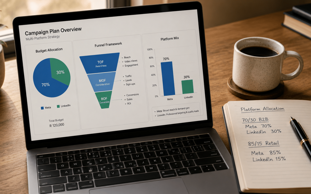 Paid social strategy South Africa — laptop showing multi-platform campaign planning dashboard with platform allocation chart, audience funnel framework, and budget split between Meta and LinkedIn