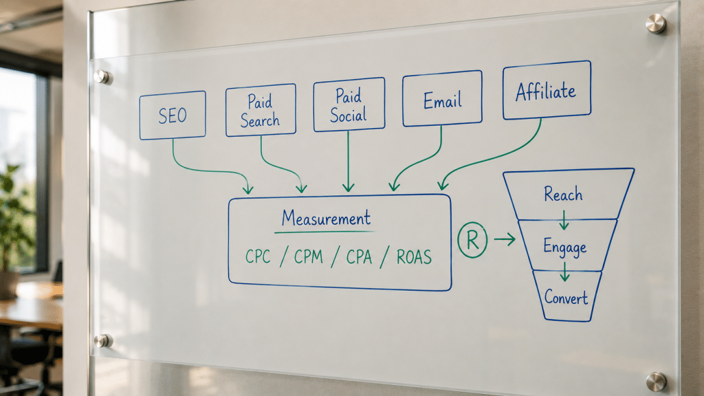 Performance marketing South Africa — whiteboard diagram showing five performance channels (SEO, paid search, paid social, email, affiliate) feeding a central measurement panel with ROAS, CPA, and CPL metrics in blue and green markers