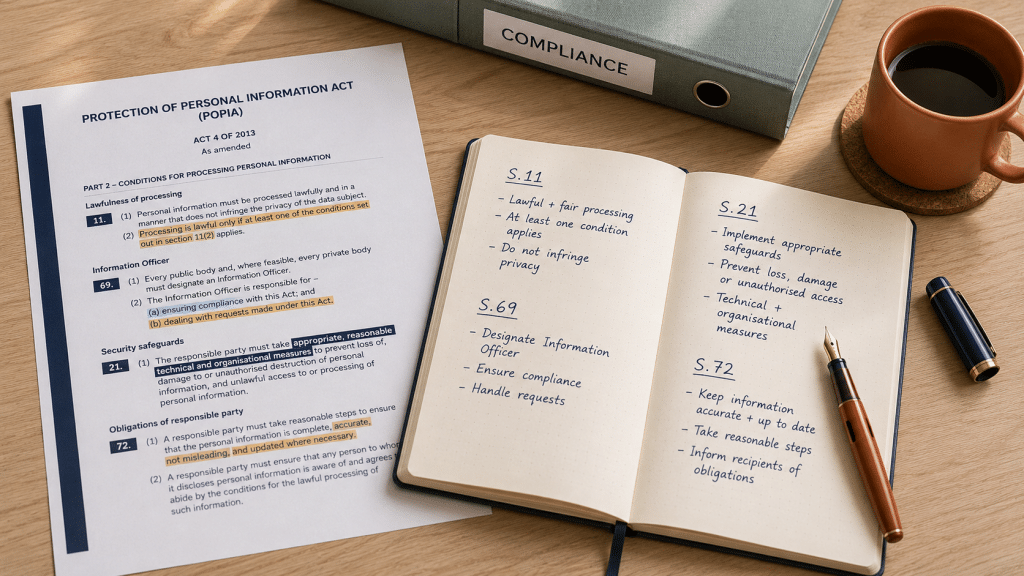 POPIA email compliance South Africa — overhead flat-lay of a printed POPIA Act document, an open notebook with section references handwritten in navy ink, a coffee cup and a fountain pen