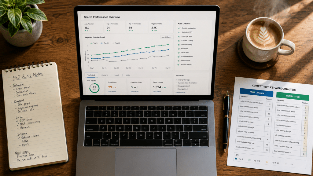 SEO agency Cape Town — overhead flat-lay workspace with laptop showing keyword ranking dashboard, audit checklist notepad, fountain pen and white coffee on a wooden desk