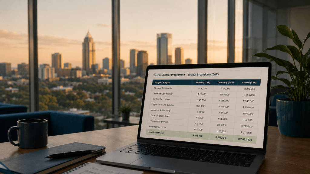 SEO cost johannesburg — Johannesburg business district skyline viewed through an office window, laptop on desk foreground showing a pricing breakdown, Gauteng cityscape in soft focus behind, warm late-afternoon light