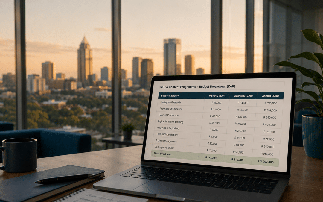 SEO cost johannesburg — Johannesburg business district skyline viewed through an office window, laptop on desk foreground showing a pricing breakdown, Gauteng cityscape in soft focus behind, warm late-afternoon light