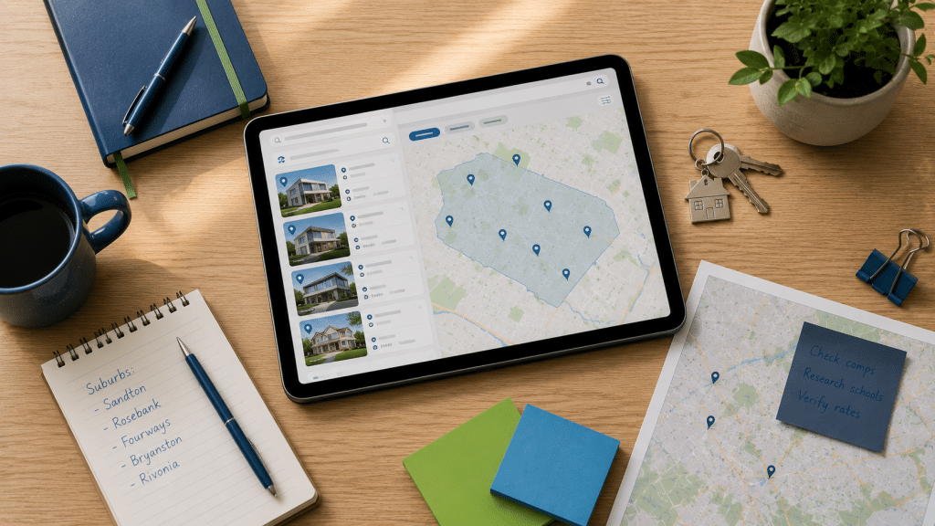 SEO for real estate — suburb property listings and search on a device for SA estate agents