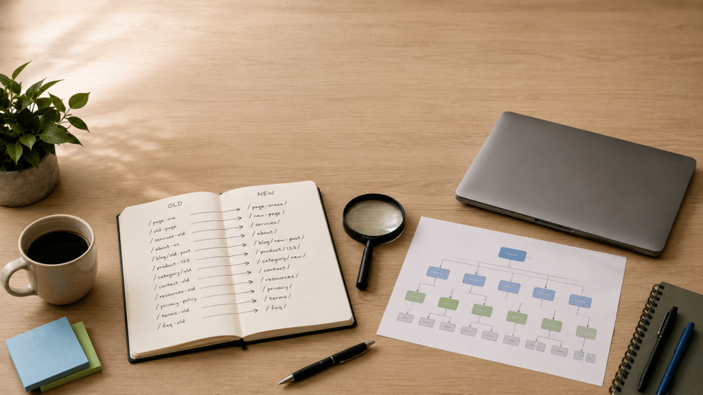 seo migration south africa — site move planning with a URL redirect map and laptop on a desk