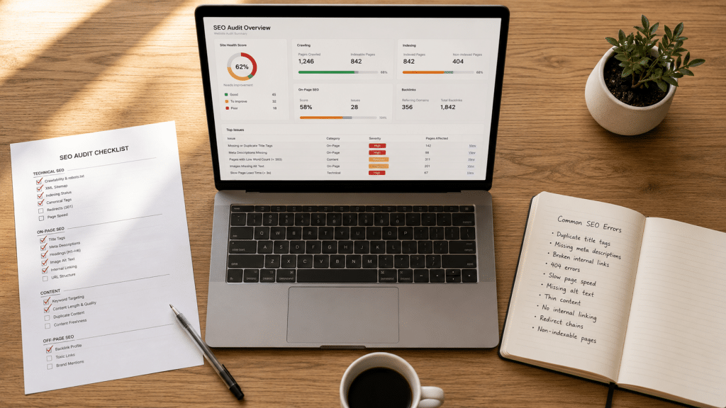 SEO mistakes south africa — flat-lay of laptop showing audit report with red highlighted errors, printed checklist with crossed-out items, pen, coffee cup, notebook with handwritten mistake list, warm natural light from above