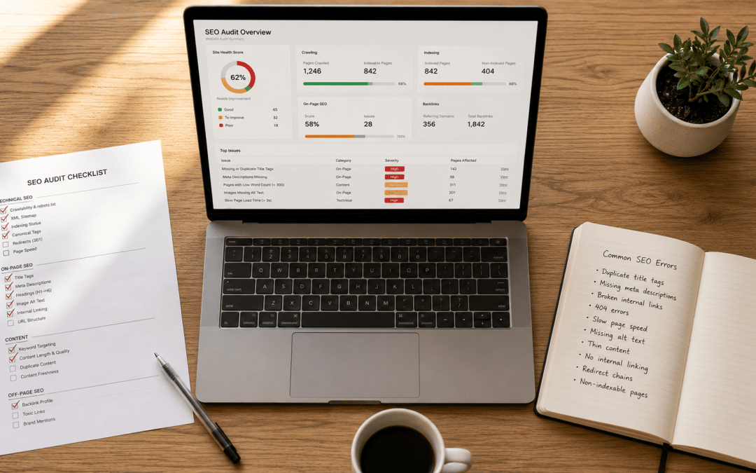 SEO mistakes south africa — flat-lay of laptop showing audit report with red highlighted errors, printed checklist with crossed-out items, pen, coffee cup, notebook with handwritten mistake list, warm natural light from above