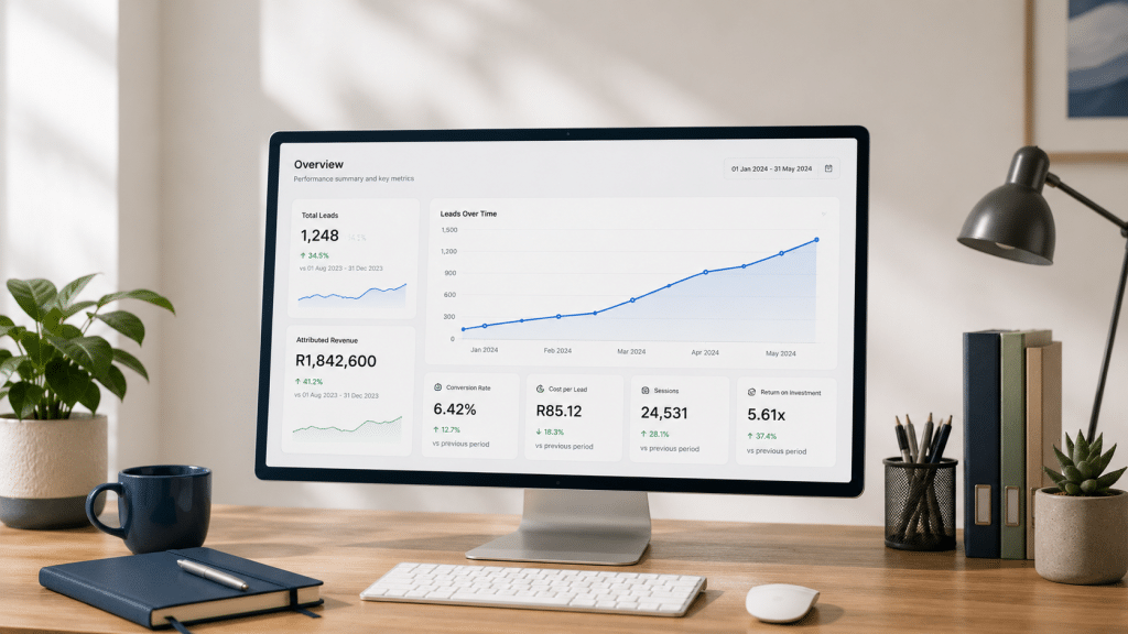 seo reporting kpis south africa — organic search performance dashboard showing leads and revenue on a monitor