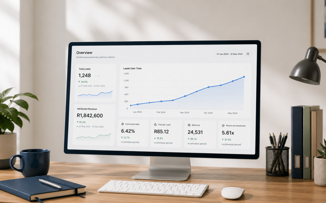 seo reporting kpis south africa — organic search performance dashboard showing leads and revenue on a monitor